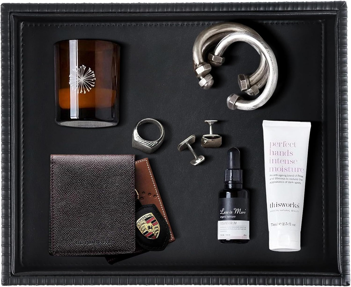 HofferRuffer Faux Leather Vanity Tray, Elegant Desktop Storage Organizer, Decorative Catchall for Perfume, Bathroom Valet, Nightstand or Dresser, Black, 10.2 x 8.4 x 1.8 Inches