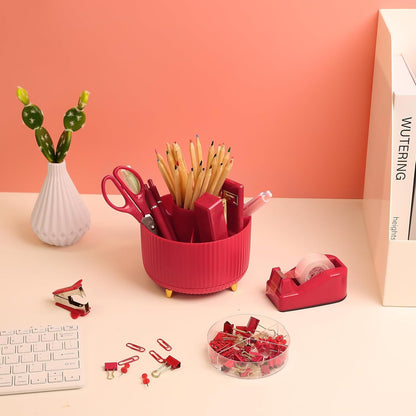 SKYDUE Pink Desk Accessories 10Pcs, Rotating Pen Holder for Desk, Stapler, Staple Remover, Tape Dispenser,2pcs Tape Refills, Binder Paper Clips Kit, Scissor,Pink Office School Supplies