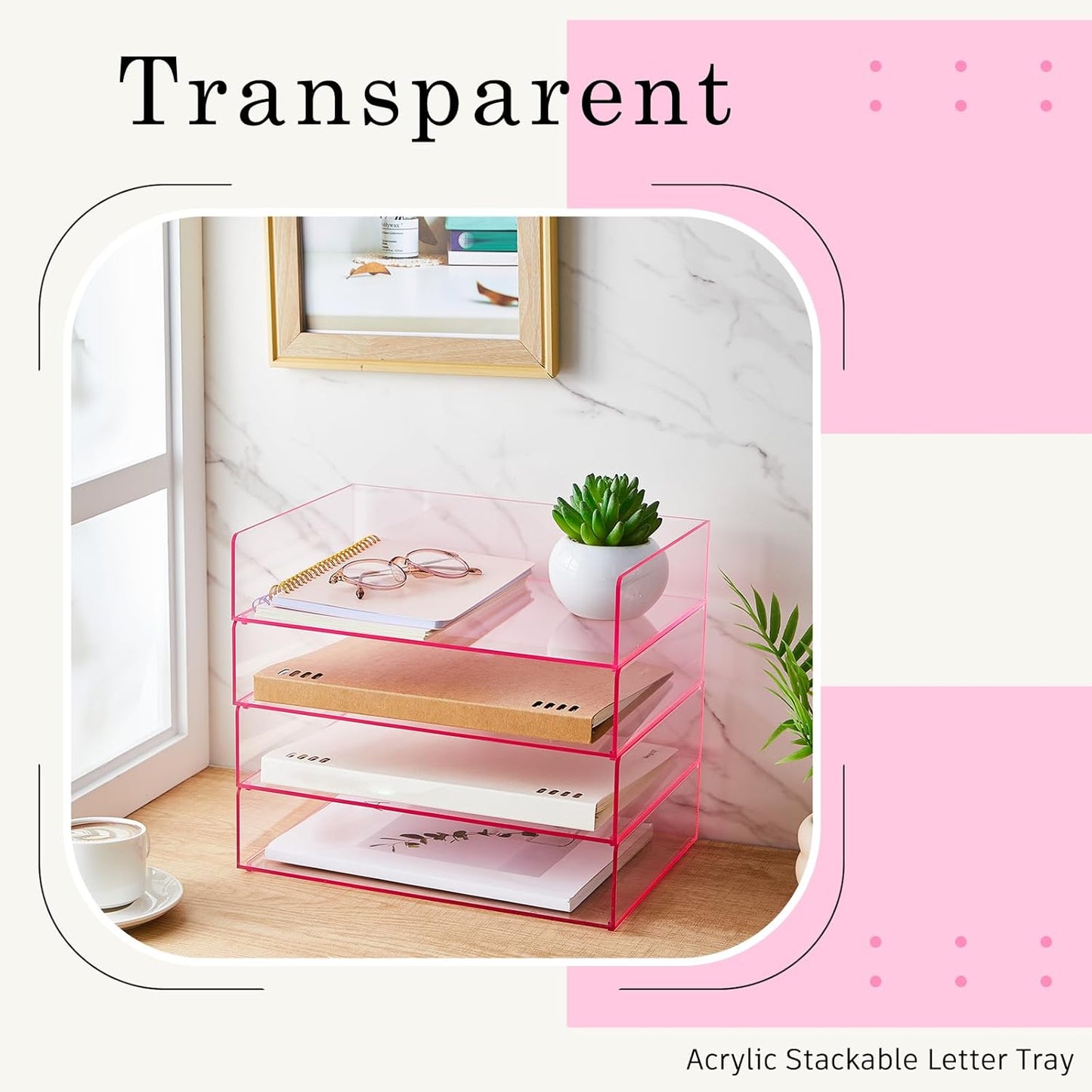 Harloon 4 Tier Paper Organizer Letter Tray Acrylic Desk File Organizer Heavy Duty Stackable Documents Clear Letter Paper Holder Sorter Office Tray for A4, Office Classroom Home File Pad Notebooks