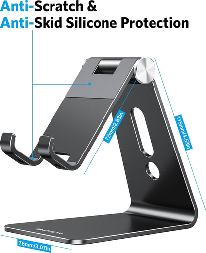 Adjustable Cell Phone Stand, OMOTON Aluminum Desktop Cellphone Stand with Anti-Slip Base and Convenient Charging Port, Fits All Smart Phones, Silver
