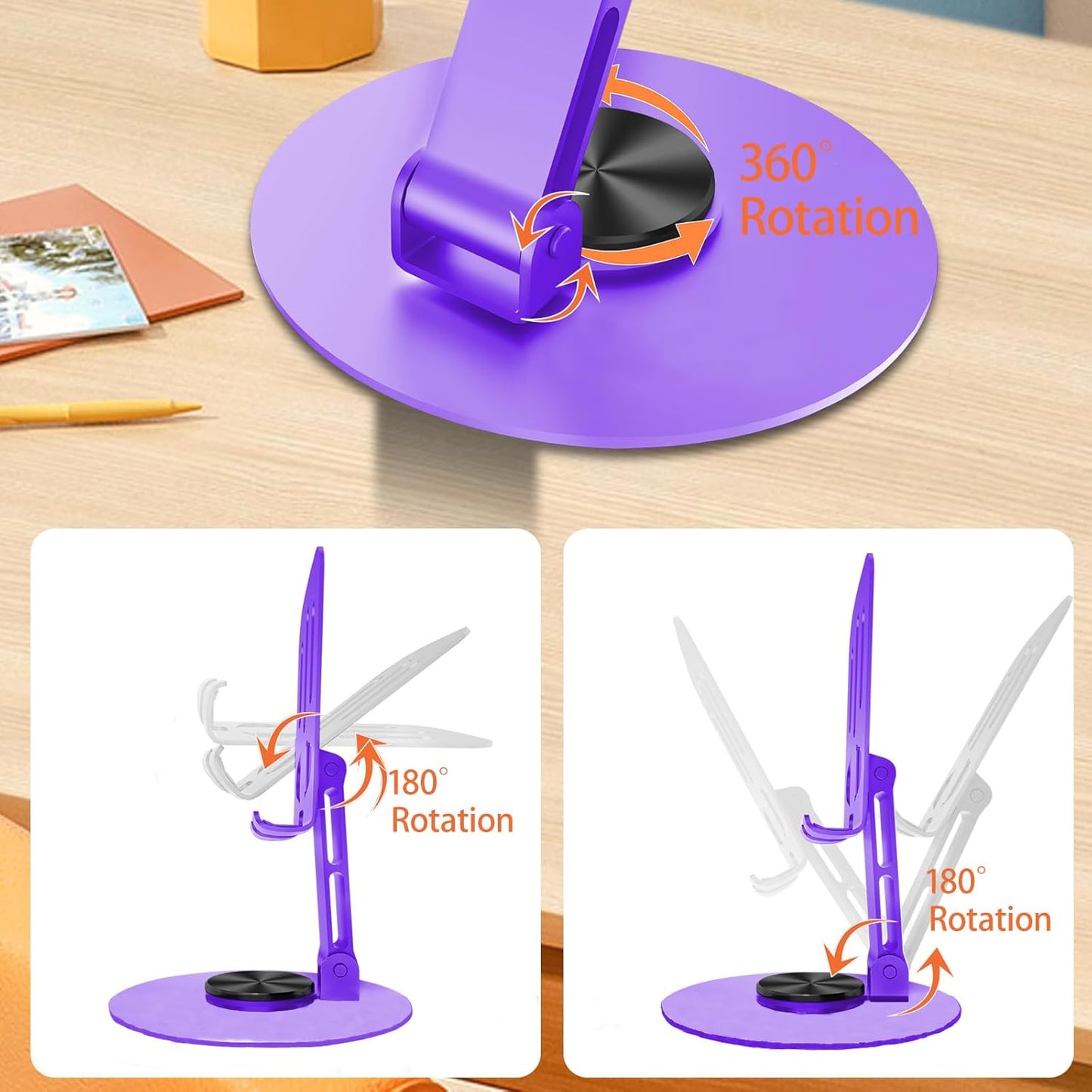 Universal Metal Cell Phone Stand, Multi-Angel Adjustable 360° Rotation Non-Slip Metal Phone Stand Compatible with iPhone 17 16 Pro Max and All Smartphones (Purple)