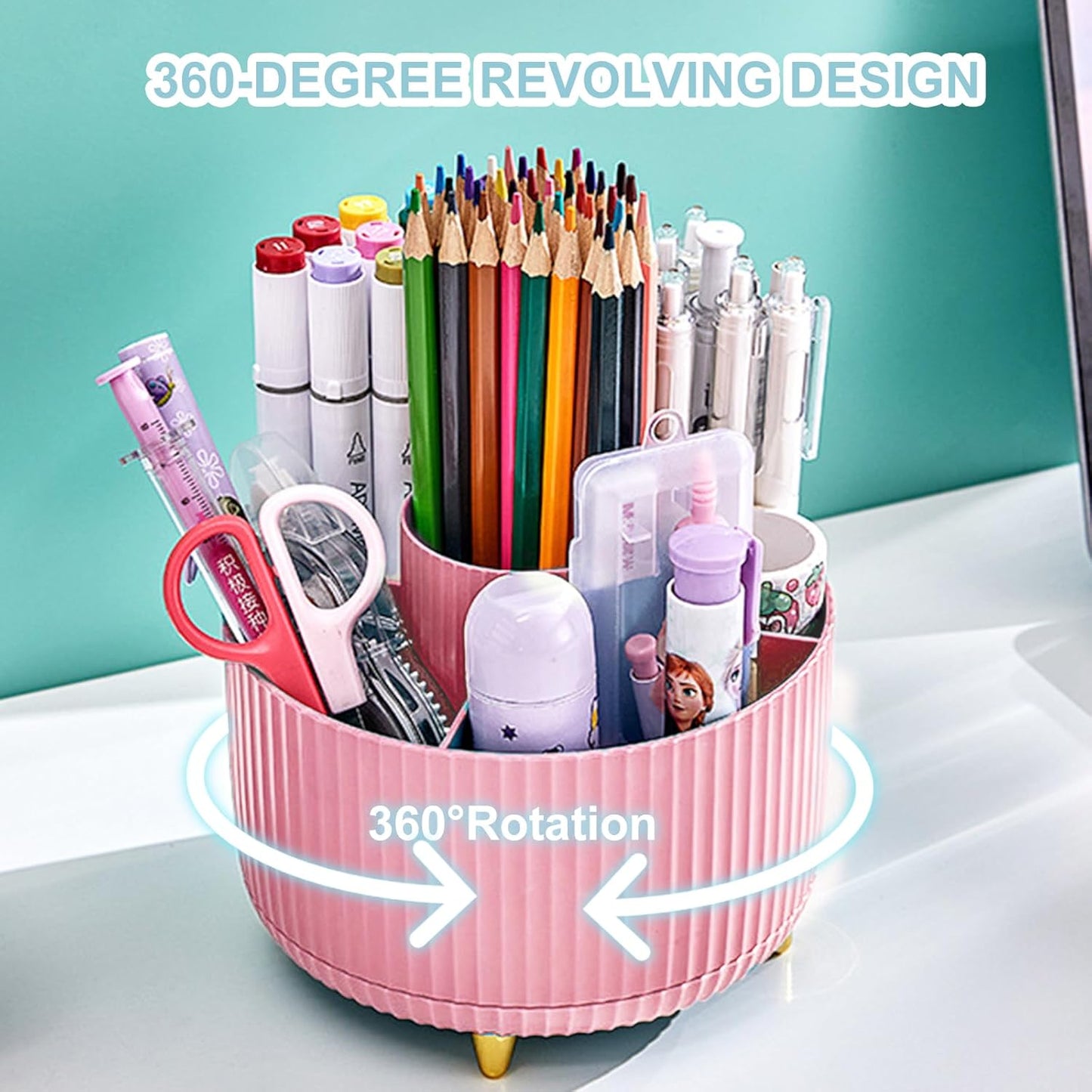 Cayxenful Pencil Holder For Desk,5 Slots 360°Degree Rotating Desk Organizers And Accessories,Desktop Storage Stationery Supplies Organizer, Cute Pencil Cup Pot For Office, School, Home (B-White)