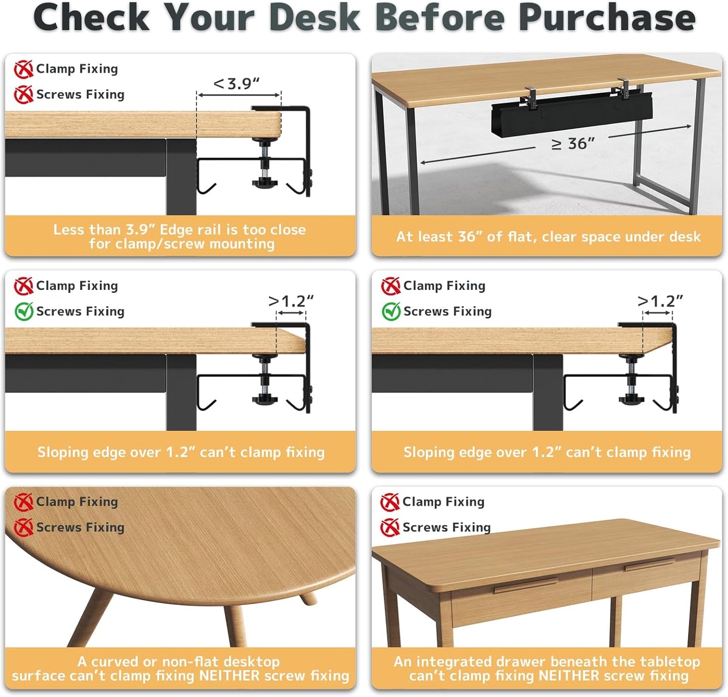 No Drill Under Desk Cable Management Tray - 36" Clamp/Screw Desk Cord Management, Premium Fabric Cable Racyway for Office & Home