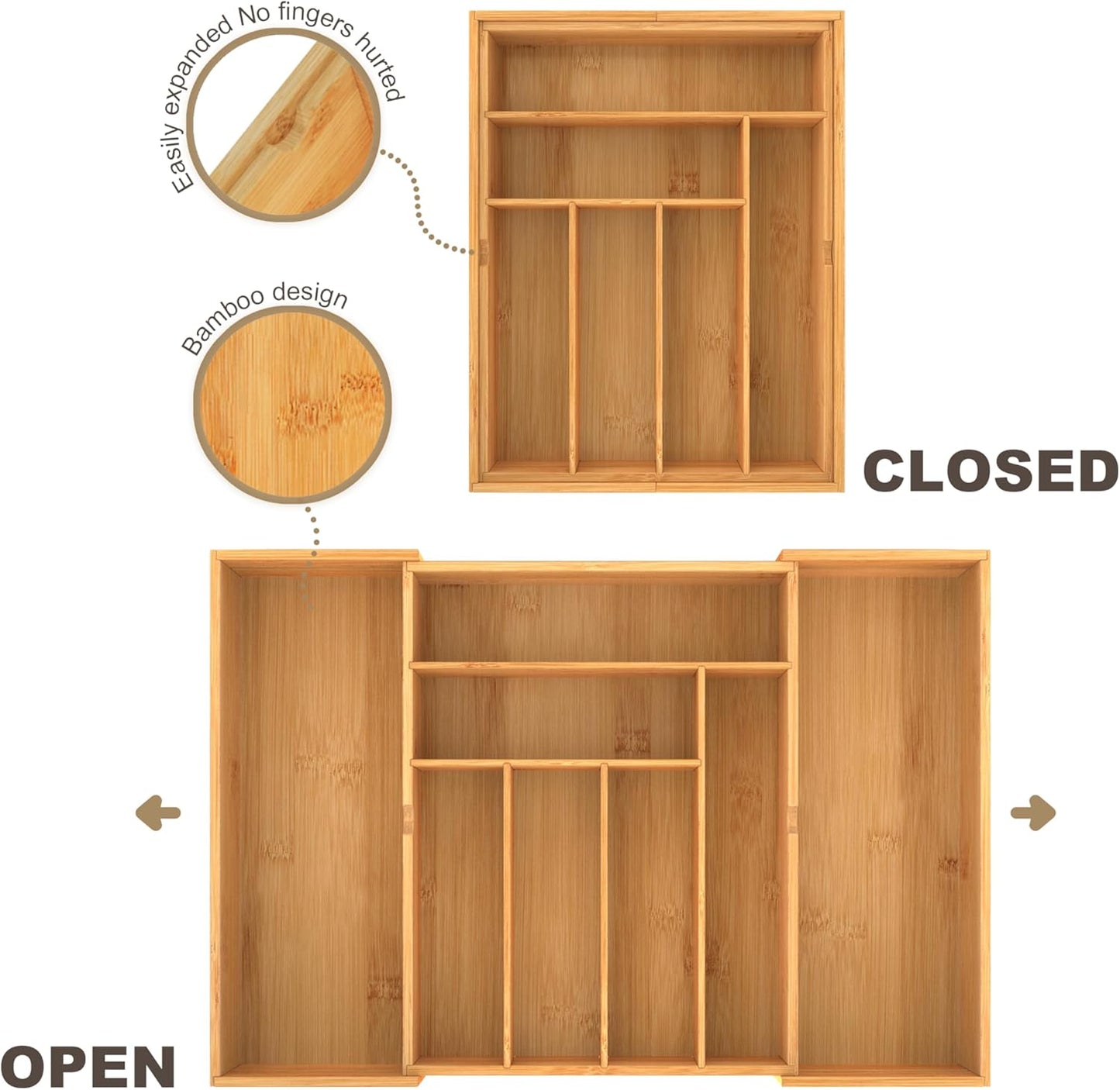 BAMEOS drawer organizer flatware organizer cutlery tray silverware organizer expandable adjustable bamboo drawer organizer kitchen bathroom