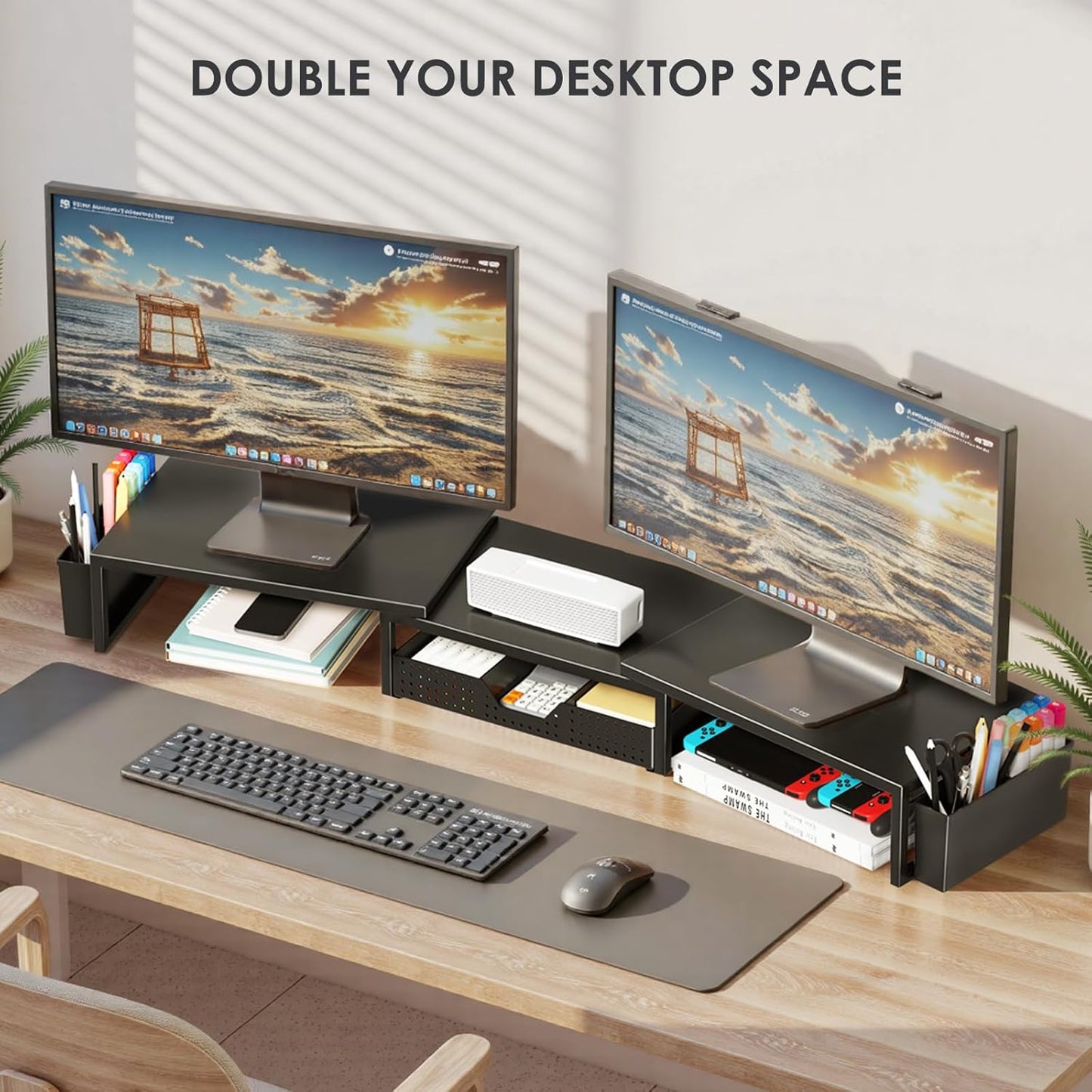 OPNICE Clear Acrylic Desk Organizers and Accessories, Dual Monitor Stand Riser with Drawer, Desk Shelf Computer Racks for Office Workspace Organizers, Desktop Organization (Transparent)