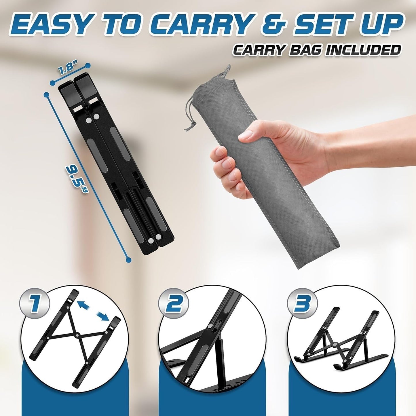 Premium Portable Aluminum Laptop Stand for Desk, 7 Angles Adjustable Tilt, Heavy-Duty Laptop Riser, Foldable, Slim & Lightweight Travel-Friendly Stand for Desk & Workstation, Black