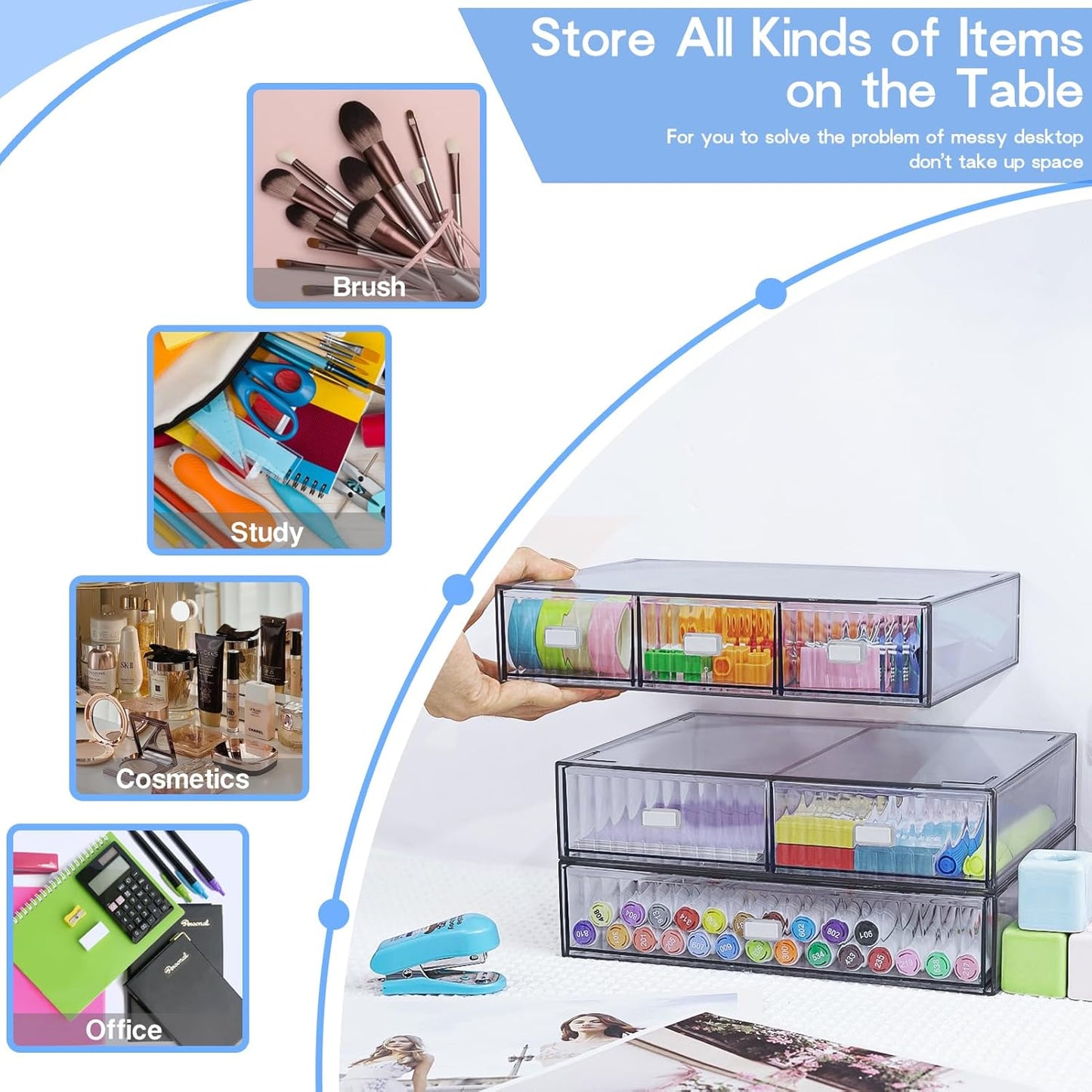 3 Tier Stackable Desk Organizer with 6 Drawers, YOCOMEY Plastic Desktop Storage Box Drawers, Detachable Makeup Storage Office Stationery Supplies Organizer for Office School(Clear)