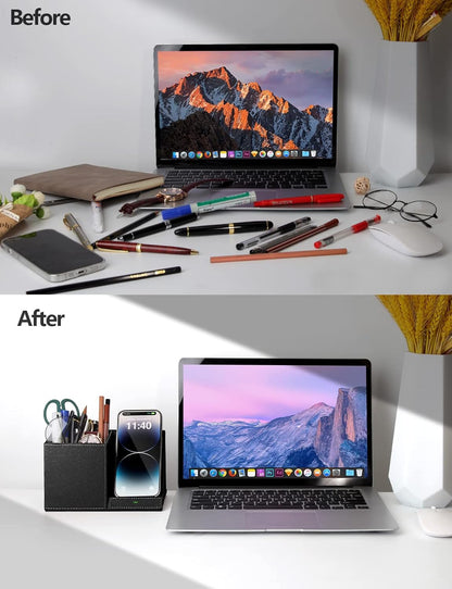 Bamboo Pen Holder for Desk & Nightstand Organizer with Fast Wireless Charging for iPhone, Samsung & More – Office Desk Accessories for Men/Women (Natural)