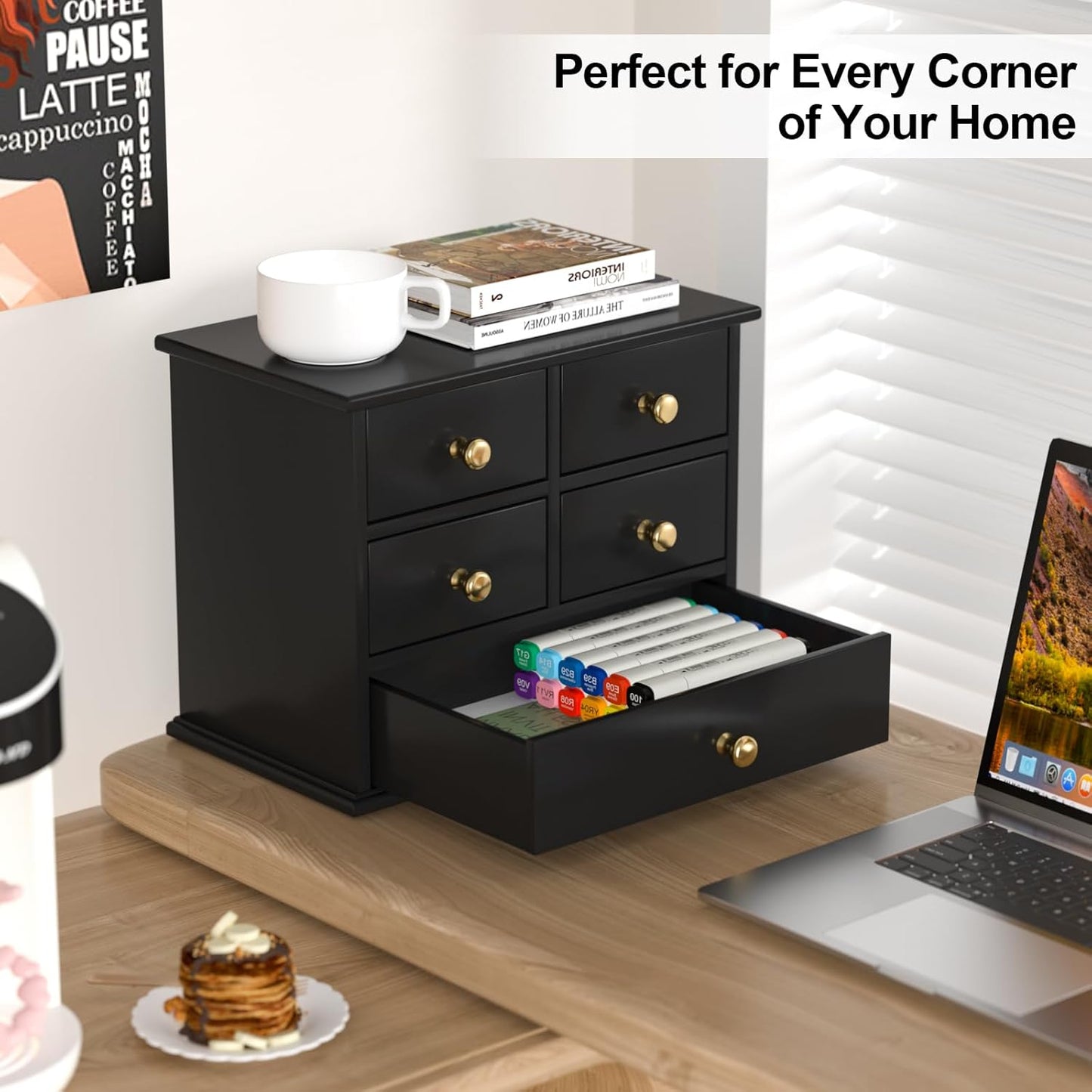 Oak Desk Organizer with Drawers, Durable Wooden Desktop Storage Box with Metal Handles & Non-Slip Silicone Pads, 4 Drawer Tabletop Organizer for Office, Bedroom, Bathroom, Vanity, and Makeup – Walnut