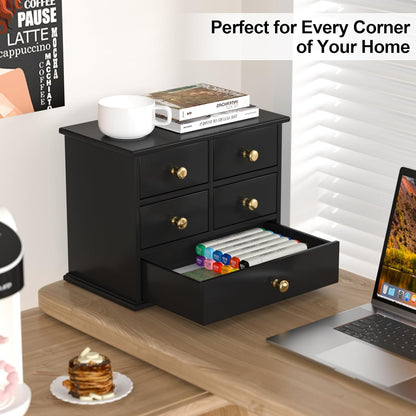 Oak Desk Organizer with Drawers, Durable Wooden Desktop Storage Box with Metal Handles & Non-Slip Silicone Pads, 4 Drawer Tabletop Organizer for Office, Bedroom, Bathroom, Vanity, and Makeup – Walnut