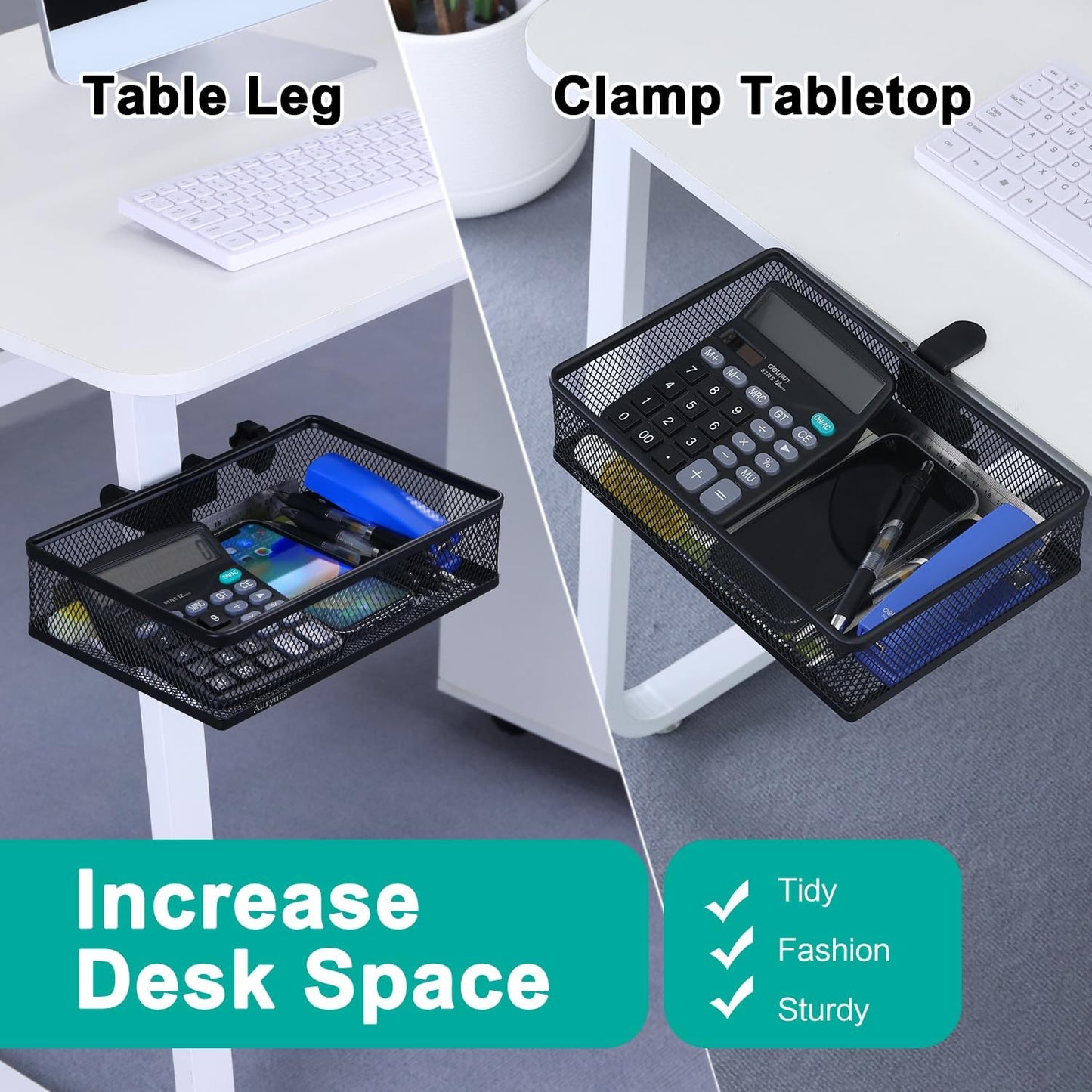 Under Desk Drawer Organizer - Clamp-On Above or Below Desk Mesh Drawer for Office Accessories, Storage Tray, and Desktop Organizer (White - Small)