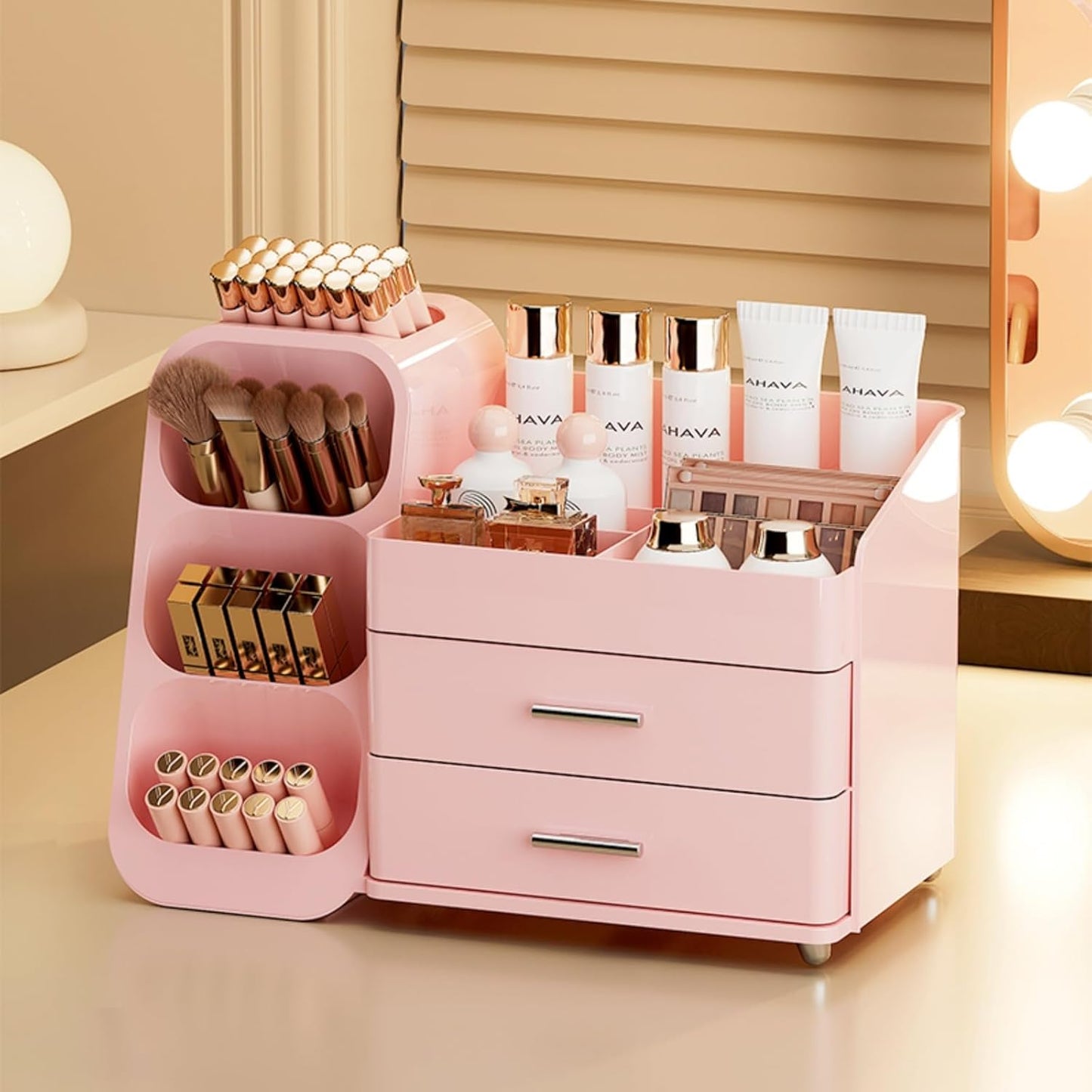 Booklov Makeup Organizer for Vanity, Countertop Cosmetic Display Case with Clear Acrylic Drawers, Bathroom Counter Beauty Caddy, Cute Table Storage Holder for Skincare, Brush Lipsticks, Crystal White