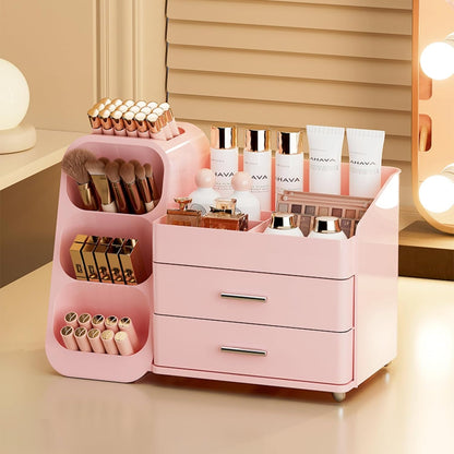 Booklov Makeup Organizer for Vanity, Countertop Cosmetic Display Case with Clear Acrylic Drawers, Bathroom Counter Beauty Caddy, Cute Table Storage Holder for Skincare, Brush Lipsticks, Crystal White