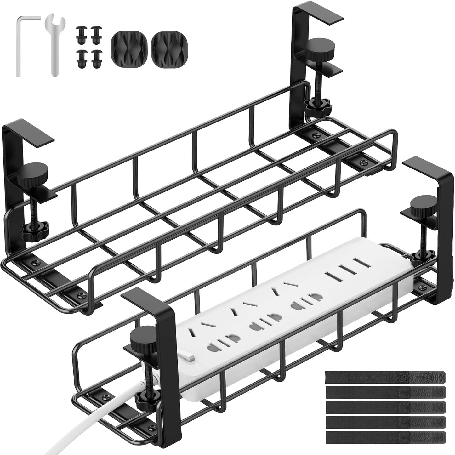 15.7” Under Desk Cable Management Tray, No Drill Steel Cable Tray Organizers, Wire Management Tray Cable Rack with Clamp Mount, Metal Under Desk Tray with Wire and Cord Organizer (Black, 1 Pack)