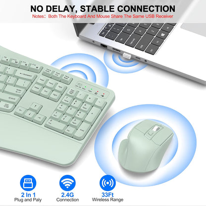 Wireless Keyboard and Mouse Combo, 2.4G Full Size Wave Keys Ergonomic Keyboard with Wrist Rest and 3-Level DPI Adjustable Wireless Ergonomic Mouse for Windows, Mac OS Desktop/Laptop/PC(Black)