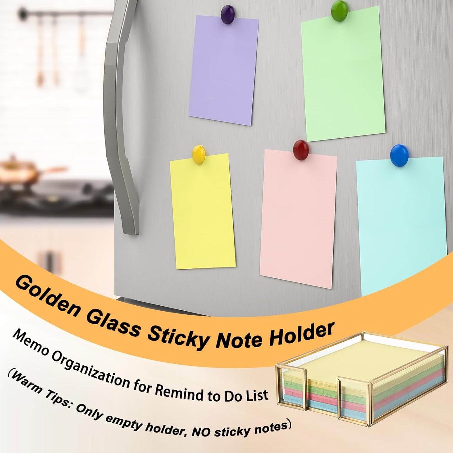 BTSKY Golden Glass 3x3 Inch Sticky Note Holder with Pen Slot, Elegant Post It Note Dispenser with Non-Slip Pads Clear Notepad Holder for Desk Organization Planning, Home Office Decor