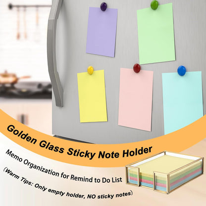 BTSKY Golden Glass 3x3 Inch Sticky Note Holder with Pen Slot, Elegant Post It Note Dispenser with Non-Slip Pads Clear Notepad Holder for Desk Organization Planning, Home Office Decor