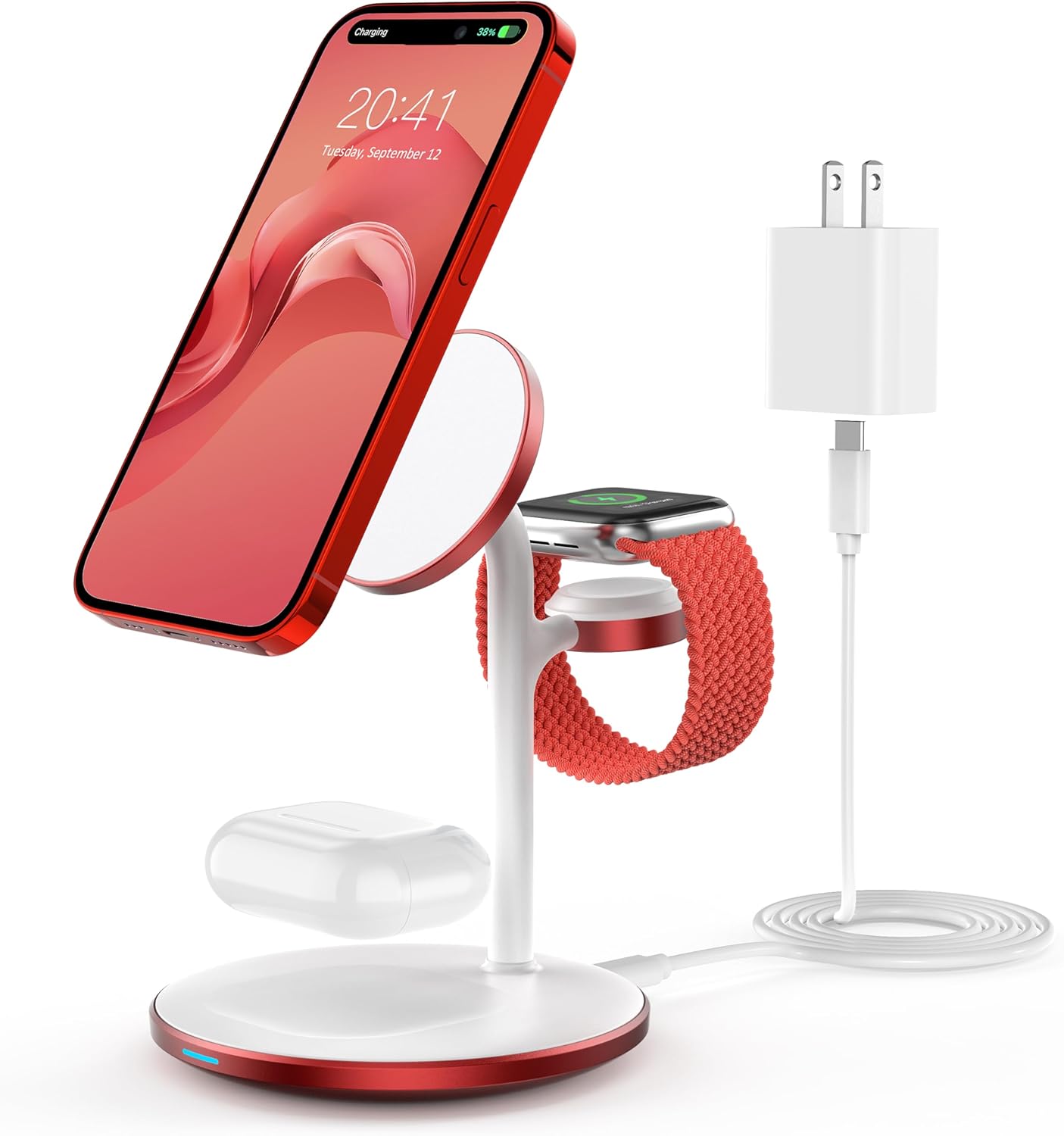 XooFly 3 in 1 Wireless Charging Station for Apple Devices, Fast Wireless Mag-Safe Charger Stand with 20W Adapter for iPhone 17 16 15 14 13 12 Pro Max/Air/Plus/Pro,iWatch,AirPods-Gift for Wife&Husband