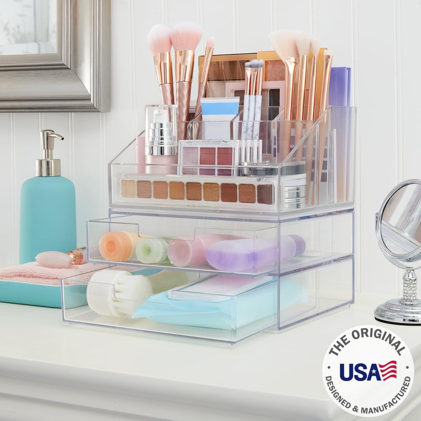 STORi Chloe Space-Saving Clear Drawer Organizer (4 Wide Drawers) Sort Office, Kitchen, Beauty Supplies, Makeup, Pens, Jewelry, Stationary, Made in USA