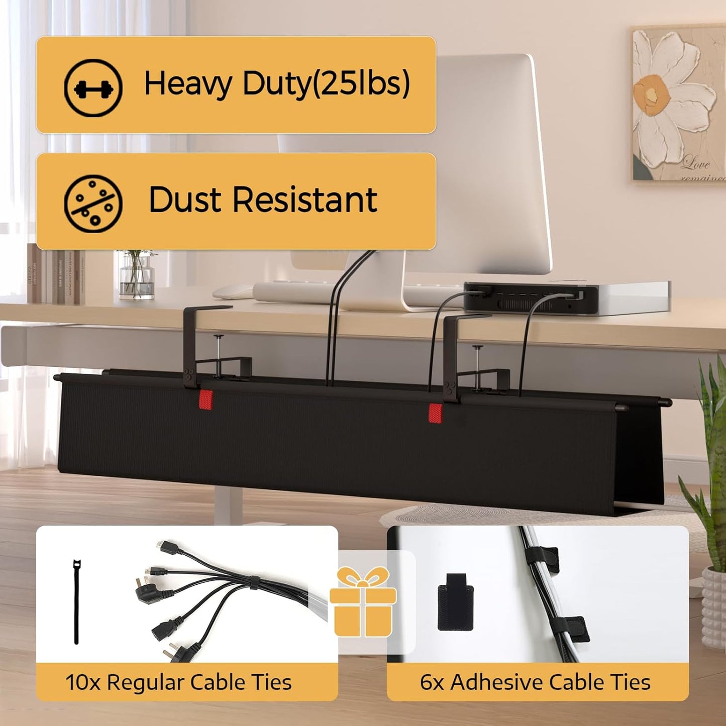 Under Desk Cable Management Tray - 36" Cord Organizer for Desk No Drill, Fabric Under Table Wire Organizer with 16X Cable Ties Hide for Office/Home, Cord Hider Fits Adapters & Sockets, White