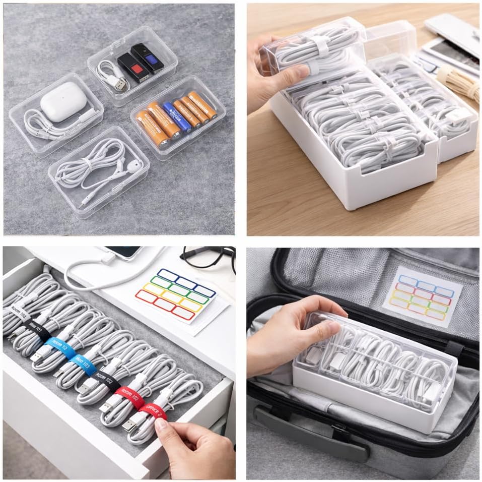 2 Pack Cable Organizer Box Set with 7 and 11 Clear Cases for Charging Cables, Chargers, Earphones and Small Accessories, Includes Cable Ties and Labels for Home, Desk and Drawer
