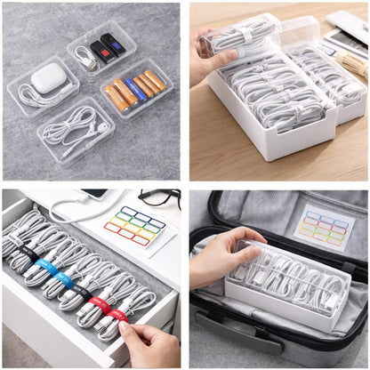 2 Pack Cable Organizer Box Set with 7 and 11 Clear Cases for Charging Cables, Chargers, Earphones and Small Accessories, Includes Cable Ties and Labels for Home, Desk and Drawer