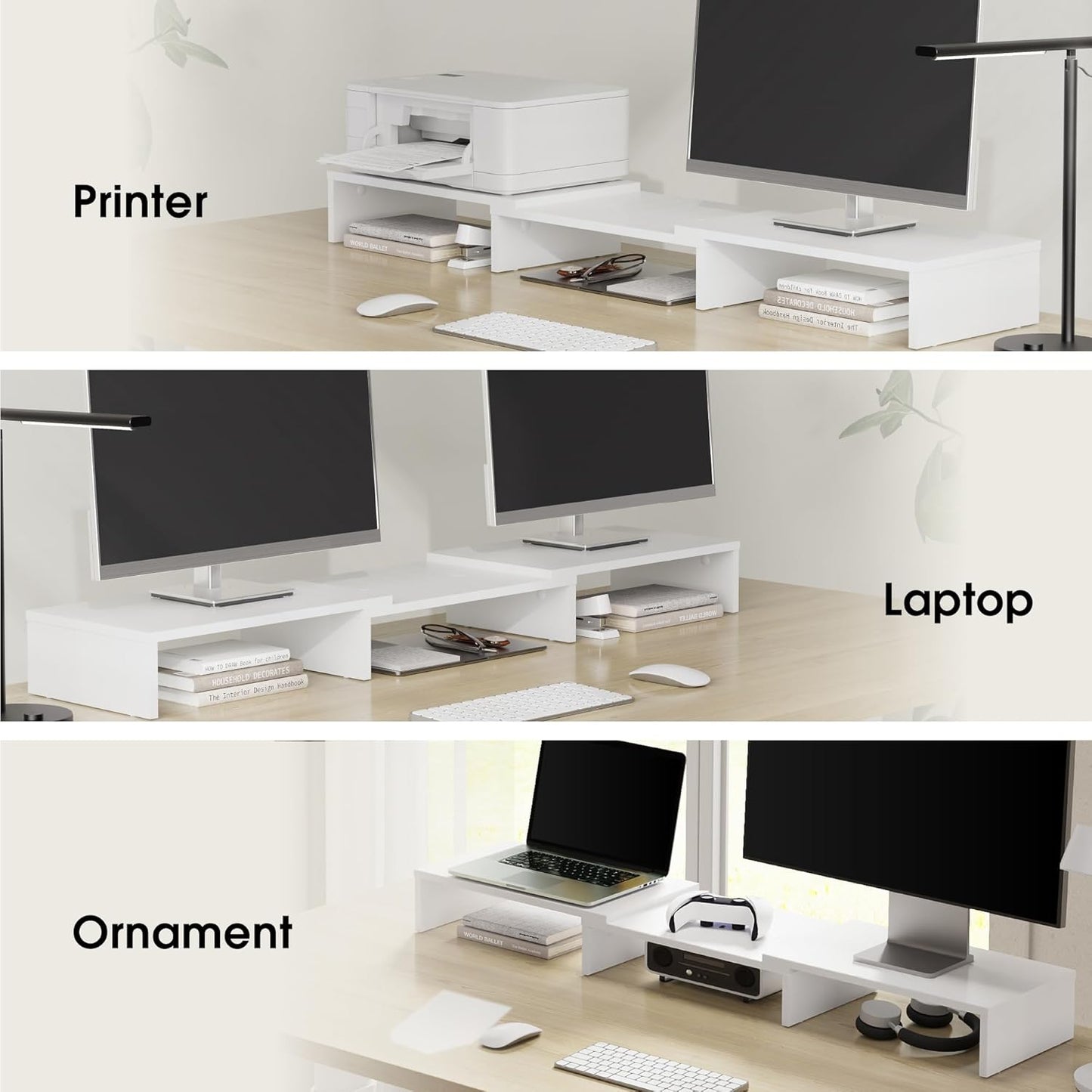 FITUEYES Dual Monitor Stand – 3 Shelf Computer Monitor Riser, Wood Desktop Stand with Adjustable Length and Angle, Desk Accessories, Office Supplies Medium Black,DT108001WB