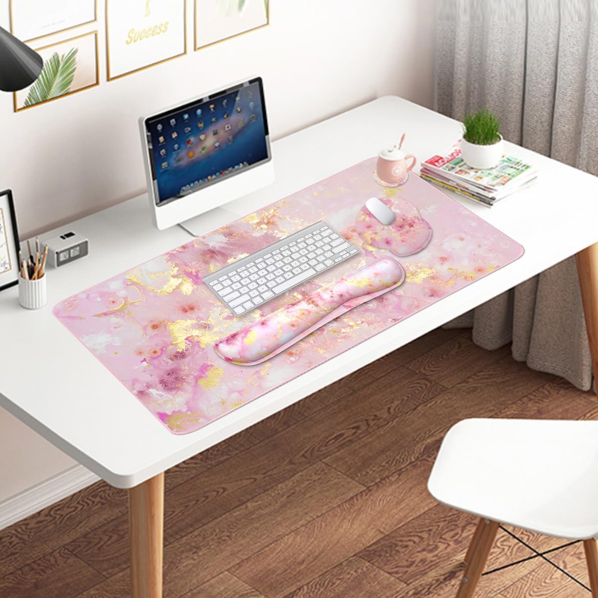 Memory Foam Ergonomic Keyboard Wrist Rest Pad and Mouse Wrist Rest Support Mouse Pad Set for Office Gaming Easy Typing-Pink Fluid