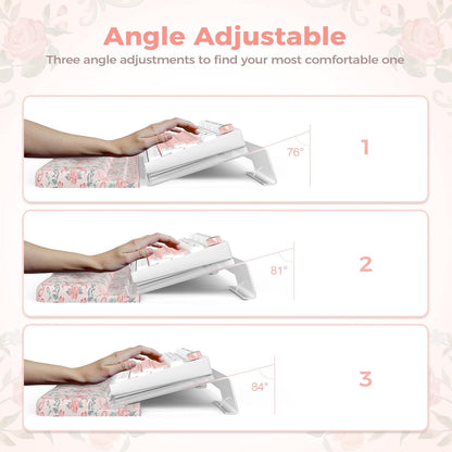 2 in 1 Keyboard Stand for Desktop, Floral Wrist Support for Keyboards, Anti-Fatigue Memory Foam Wrist Rest for Computer, 3-Angle Adjustable Keyboard Riser for Office Home (Pink Bow)