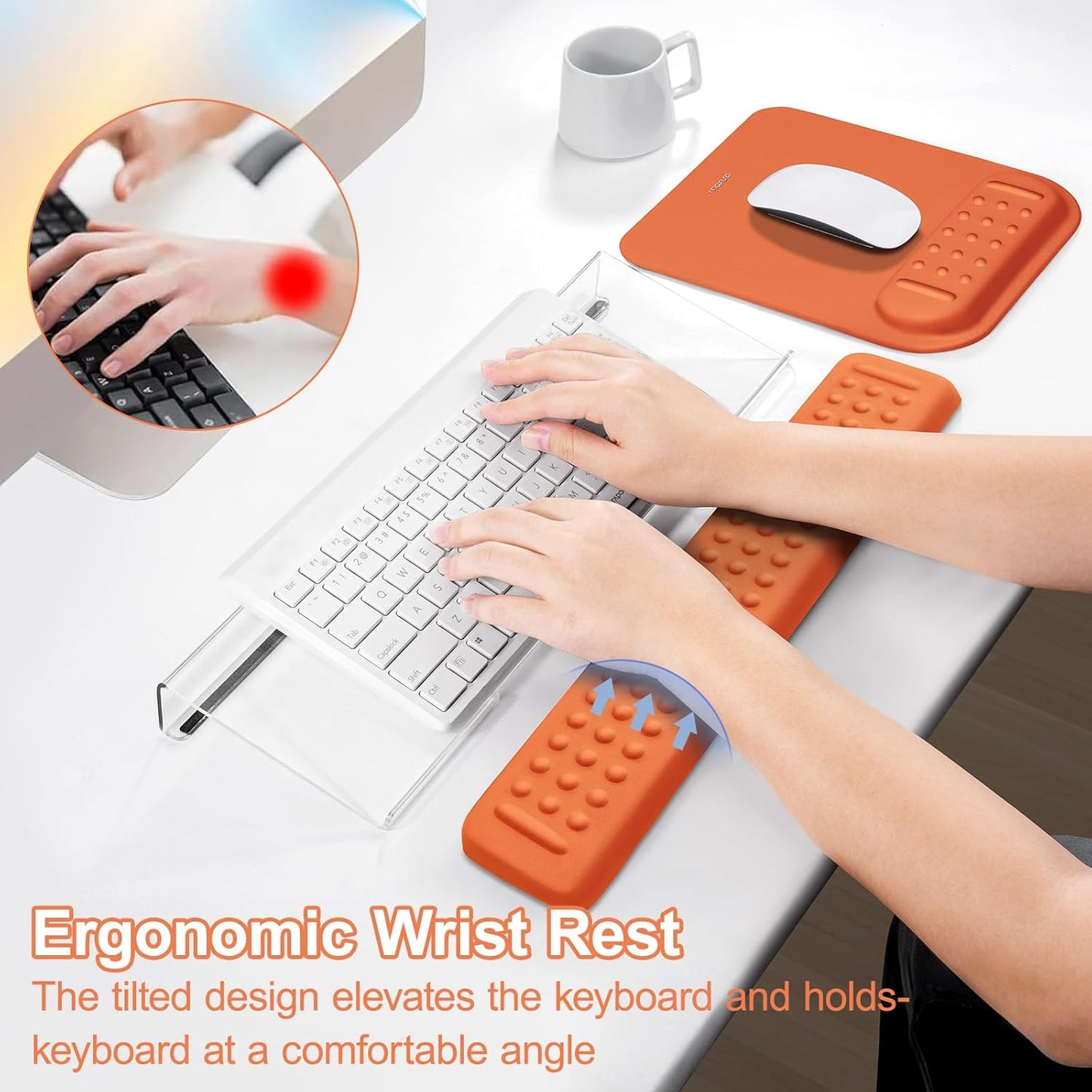 MOSISO Computer Keyboard Stand&Wrist Rest Support for Keyboard &Mouse Pad Set, Ergonomic Massage Wrist Rest Set, Easy Typing Working Acrylic Clear Stand for Office Home, Apricot