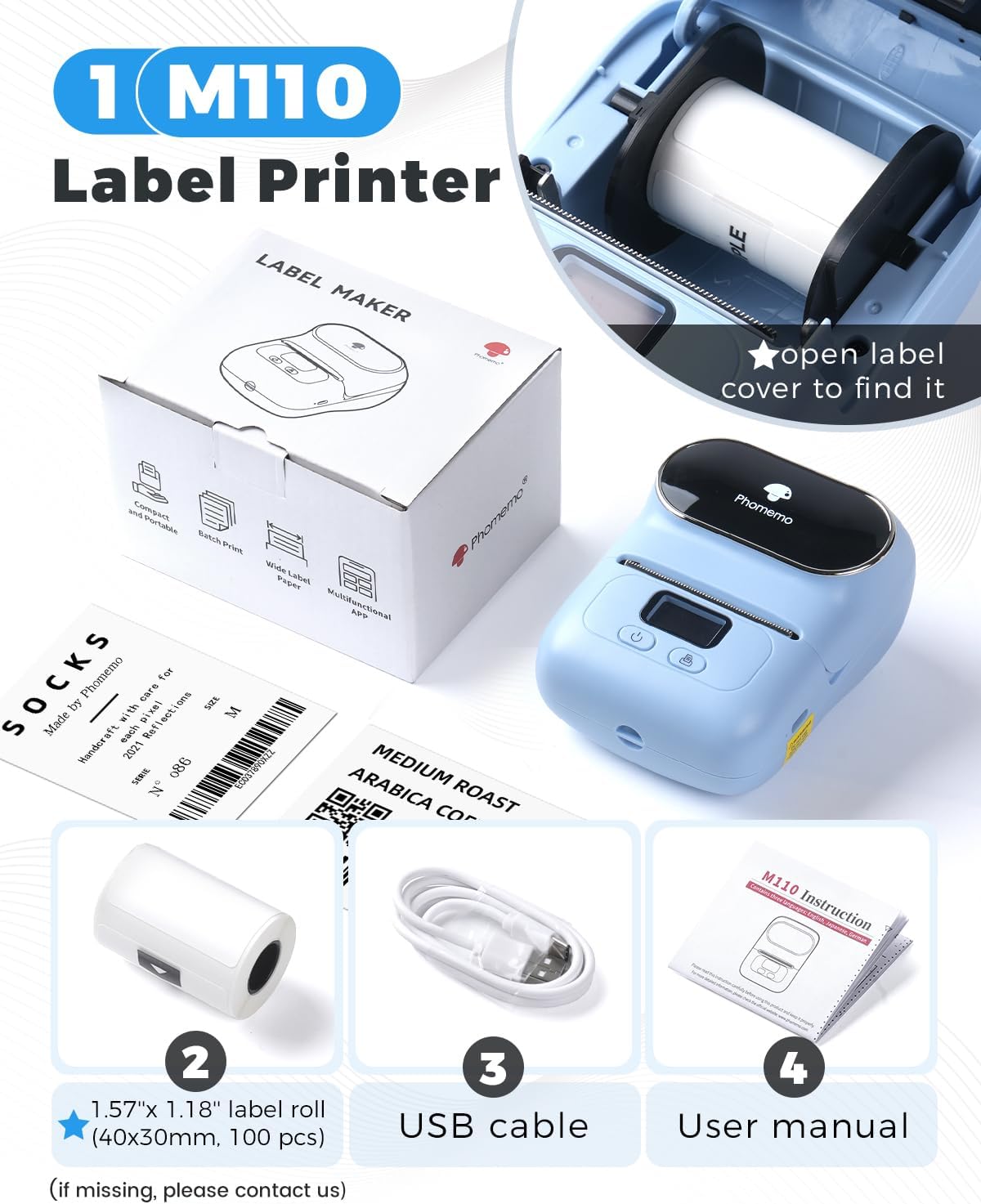 Phomemo Label Printer M110- Small Address Label Maker Bluetooth No Ink Portable for Small Business, Address, Office, Home for Phone; for PC/Mac(USB), with 100 Labels, Baby Pink
