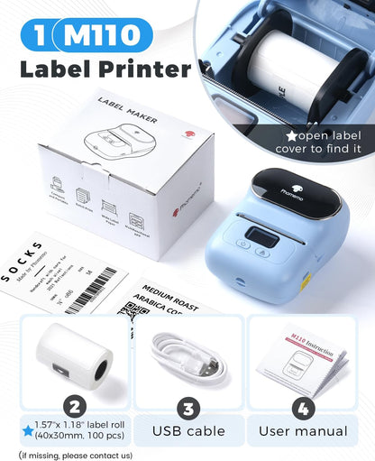Phomemo Label Printer M110- Small Address Label Maker Bluetooth No Ink Portable for Small Business, Address, Office, Home for Phone; for PC/Mac(USB), with 100 Labels, Baby Pink