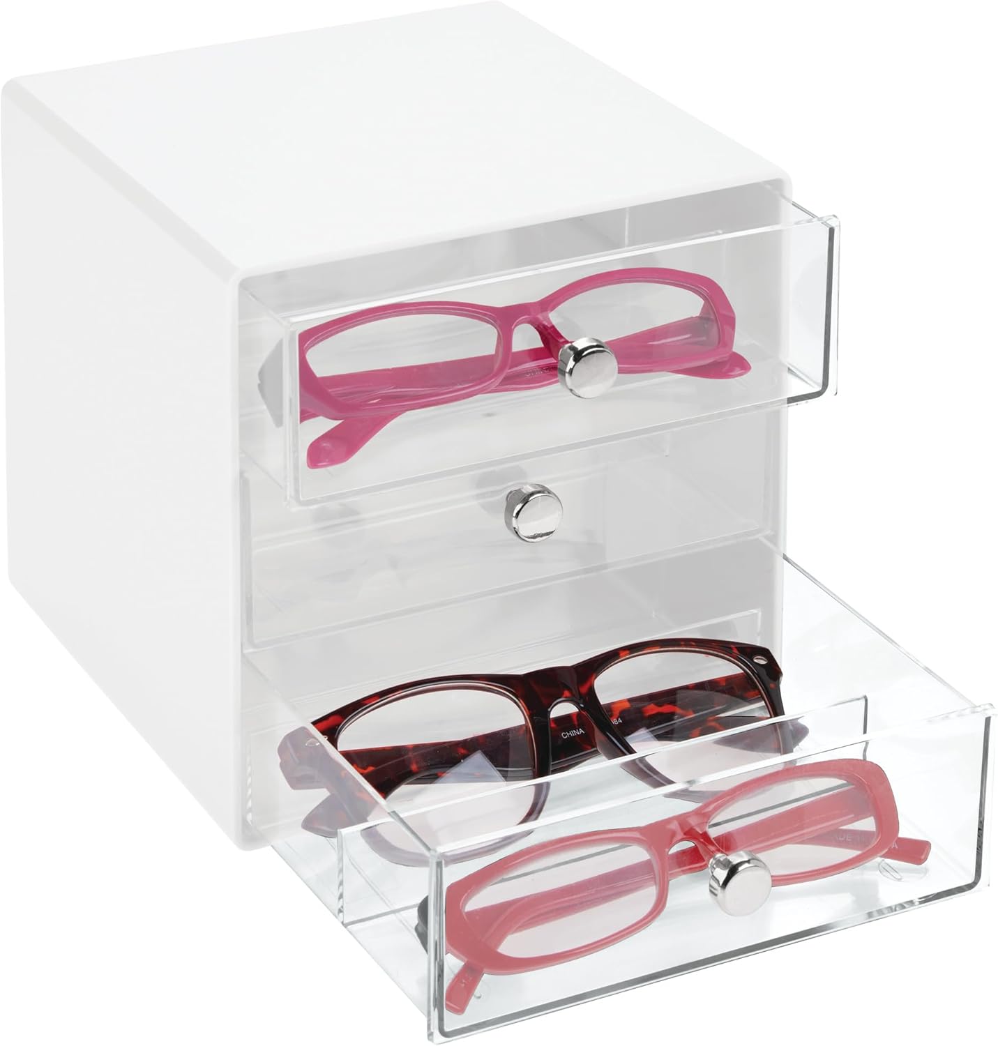 iDesign Divided 3-Drawer Stackable Organizer for Glasses, Sunglasses, and Readers - Black/Clear