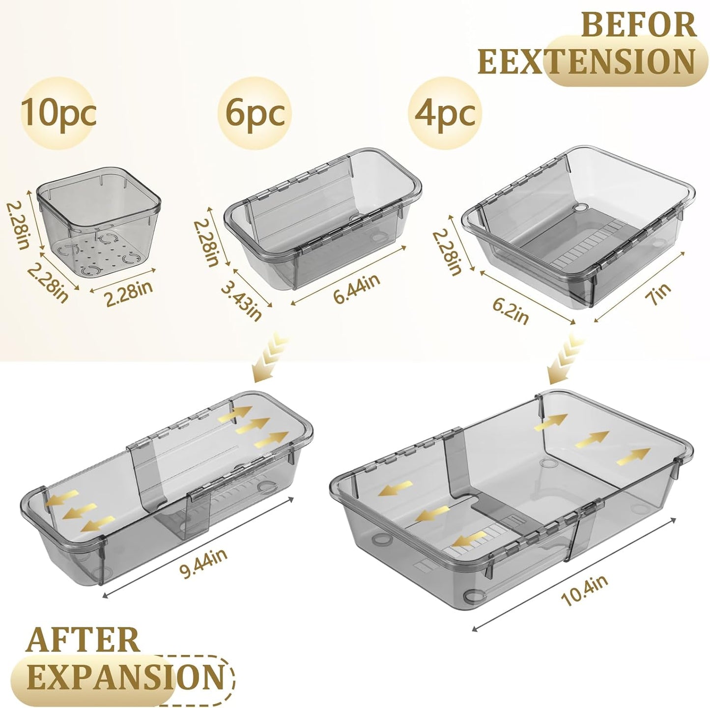 14 Pcs Adjustable Clear Drawer Organizer, Extendable Vanity Storage Bins, Desk Drawer Organizer Set for Makeup, Cosmetics, Bedroom, and Gadgets, Purple