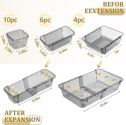 14 Pcs Adjustable Clear Drawer Organizer, Extendable Vanity Storage Bins, Desk Drawer Organizer Set for Makeup, Cosmetics, Bedroom, and Gadgets, Purple