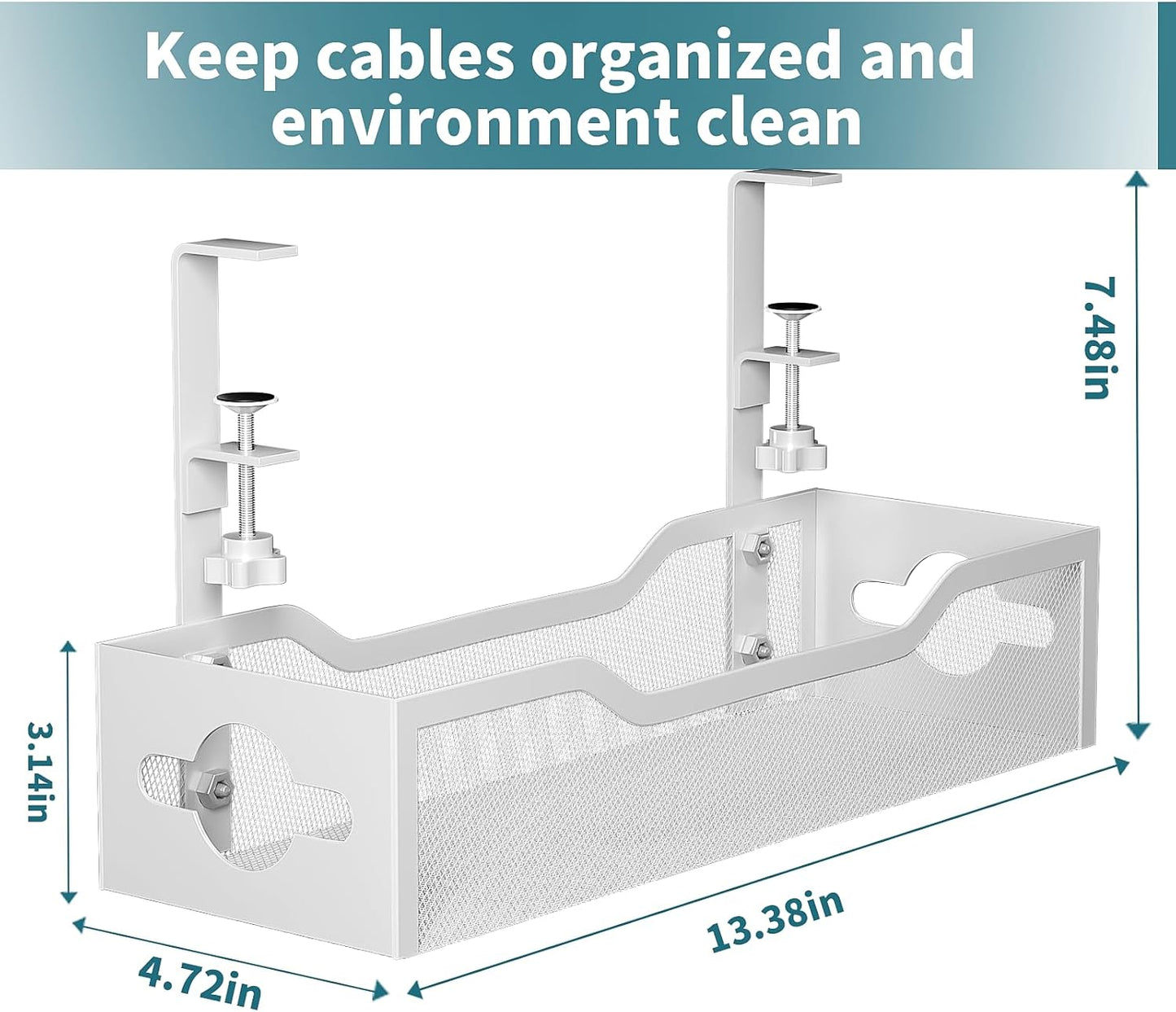 Under Desk Cable Management Tray No Drill, Metal Mesh Cable Management Under Desk with Clamp Mount, 2 Hole Cable Tray with Wire Management and Cord Organizer for Home Office Standing Desk