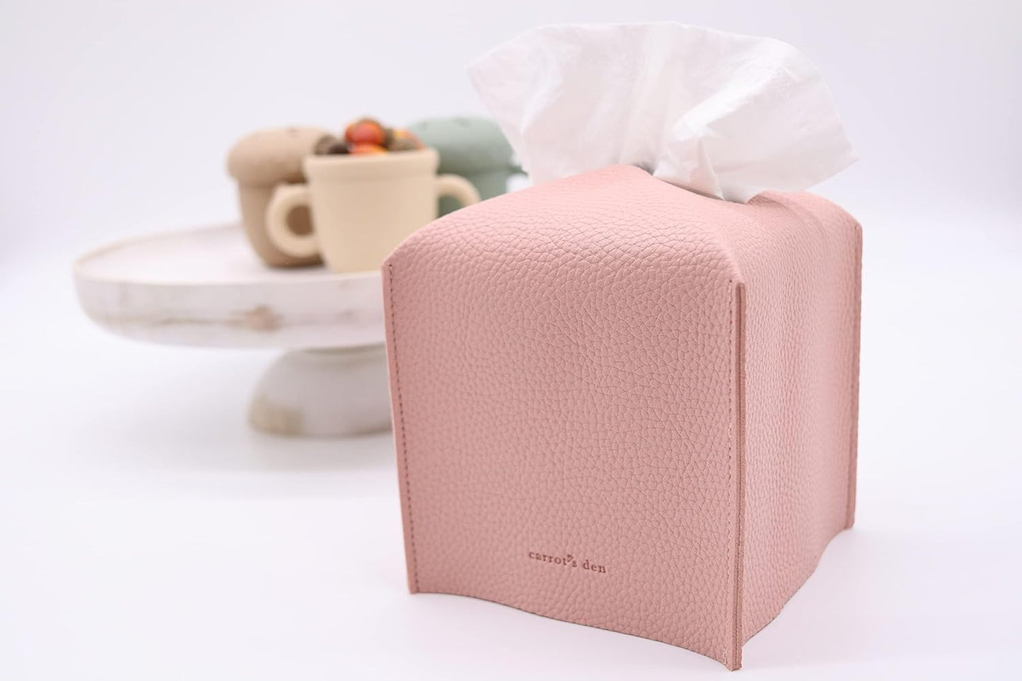Tissue Box Cover Holder, Square with Bottom Belt by Carrot's Den - PU Leather Decorative Organizer for Tabletop, Bathroom, Car, Office | Beige
