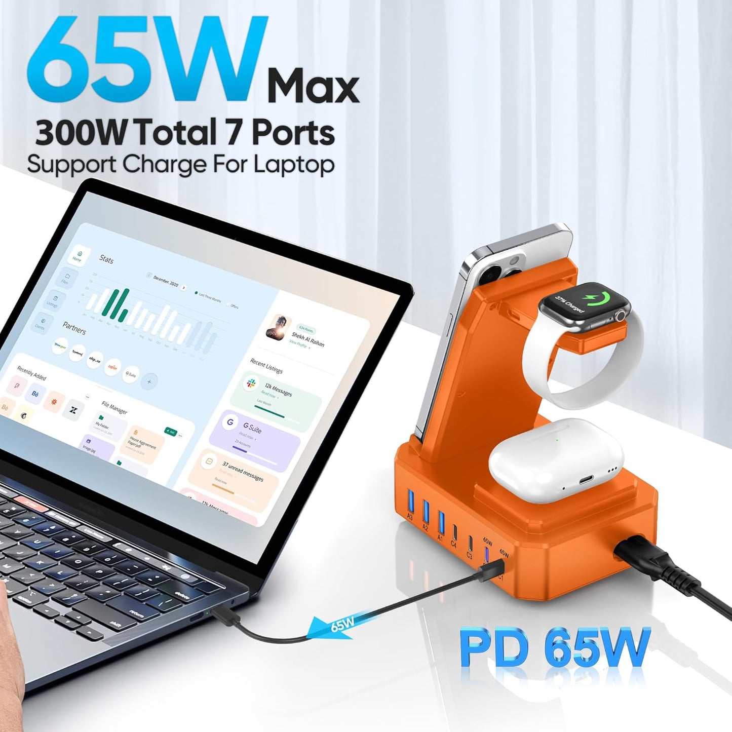 300W Charging Station for Multiple Devices Apple,10 in 1 Wireless Charger for iPhone,GaN III USB C 65W PD Fast Charging Stand Dock for MacBook,iWatch&Airpods (Wireless Charging Only for Apple)