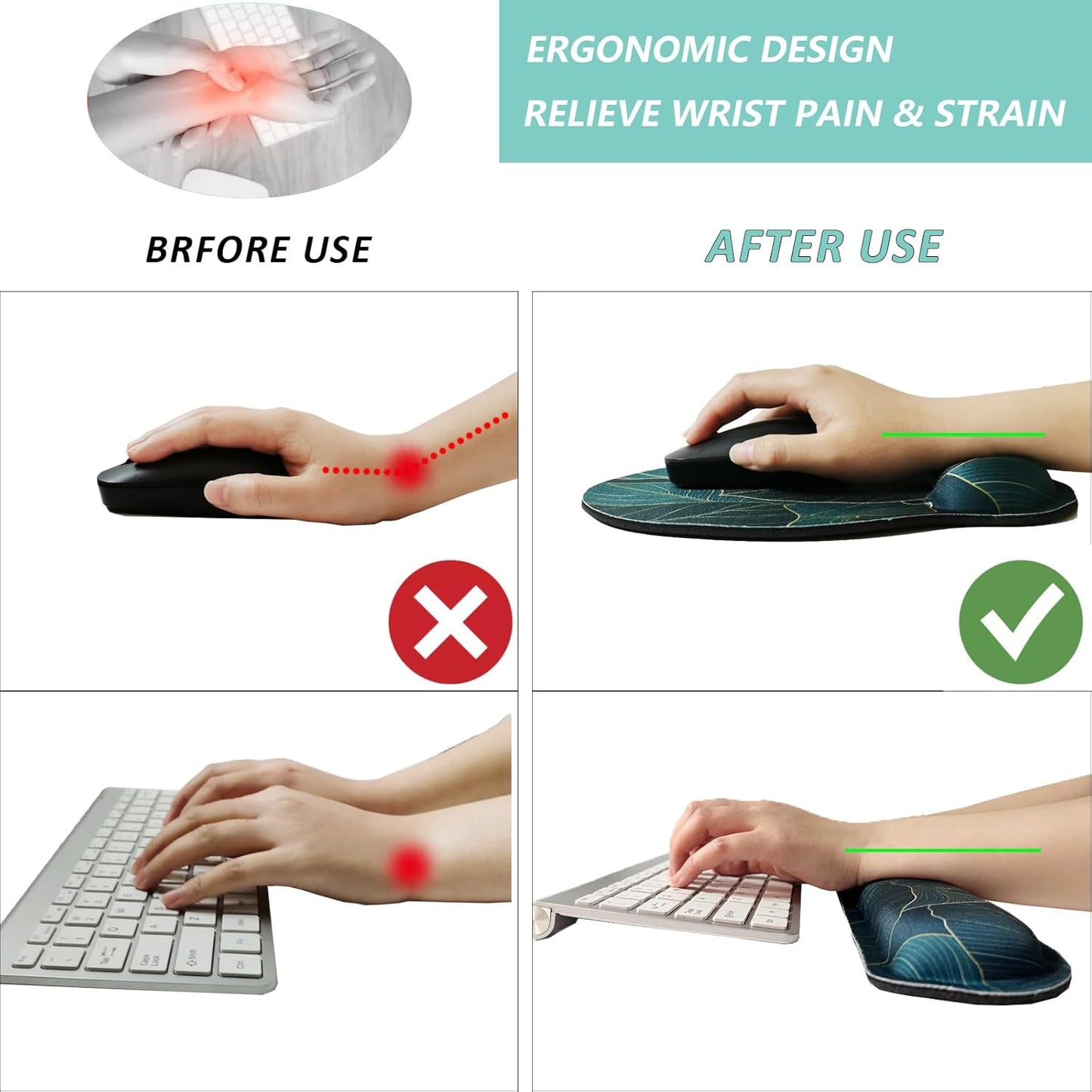 Keyboard Wrist Rest Pad Mouse Pad with Wrist Support Set of 3, Mousepad with Non-Slip Rubber Base, Ergonomic Memory Foam Mouse Wrist Cushion Support for Home Office Laptop Computer, Flower Black