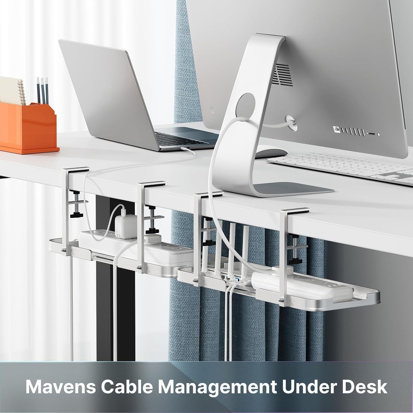 Mavens Under Desk Cable Management Tray, 13.7" No Drill Aluminum Alloy Cord Organizer with Clamps for Wire Management, Cord Organizers for Home Office Standing Desk (Elegant Silver)
