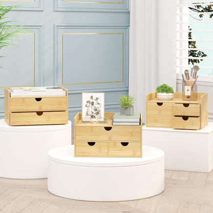 Wisuce Desk Organizer with Drawers - Bamboo Desktop Organizer Storage Natural Wood Desk Drawers Organizer for Bills, Office Supplies, Cosmetics, Seals No Assembly Required 3 Drawers（left-right)