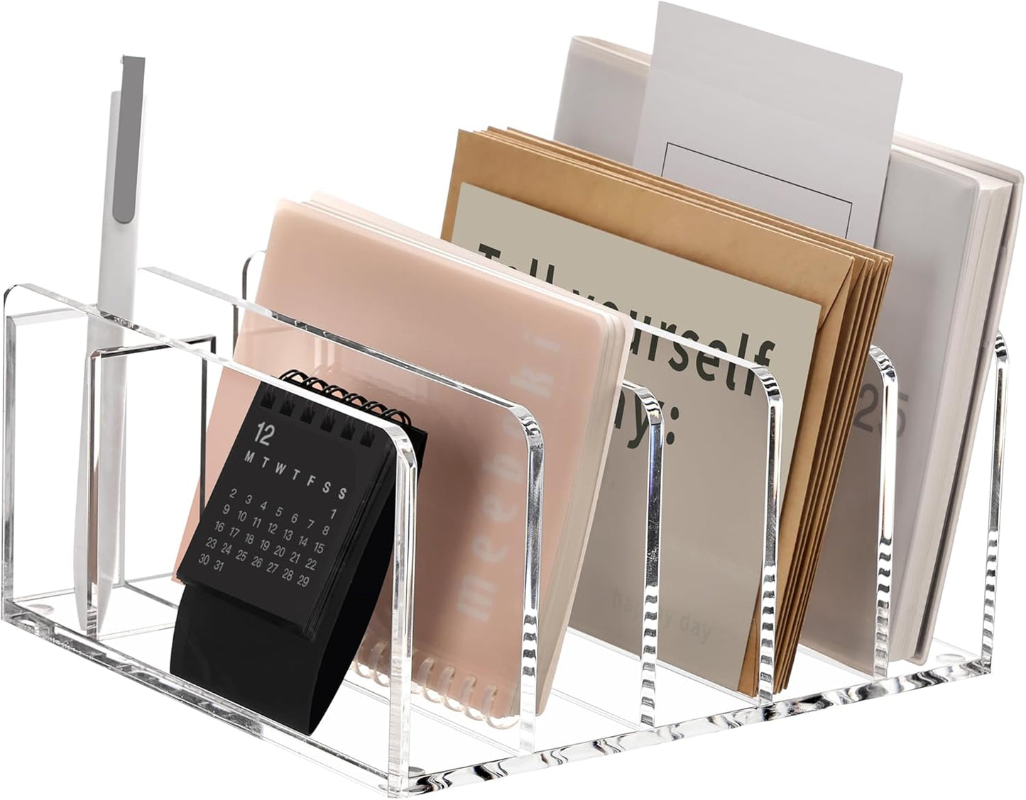 SANRUI 5 Compartments Acrylic Mail Sorter Holder, Clear Document Magazine Envelope File Rack, Vertical Letter Sorter & Multifunction Desk Organizer for Bills, Documents, Notebooks