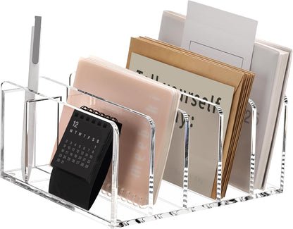 SANRUI 5 Compartments Acrylic Mail Sorter Holder, Clear Document Magazine Envelope File Rack, Vertical Letter Sorter & Multifunction Desk Organizer for Bills, Documents, Notebooks