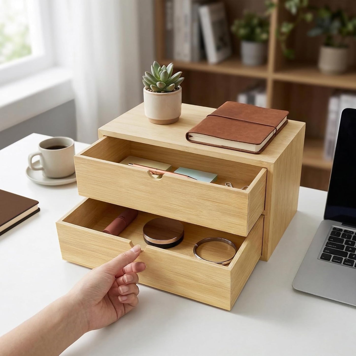 Bamboo Desk Organizer with 3 Drawers and Shelf, Desktop Drawers 13.4 x 7.3 x 8.1 Inches Countertop Storage Box for Office Supplies Makeup Kitchen, Wooden Tabletop Drawer No Assembly Required