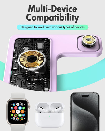 Wireless Charger Stand Charging Station: 3 in 1 Charger Stand Multiple Devices for Apple - iPhone 17 16e 16 15 14 Pro Max 13 12 - Watch 11 10 9 8 7 6 5 4 3 2 SE and Ultra Series-Airpods 4 3 Pro, Pink