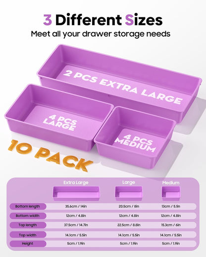 10 Pack Large Size Plastic Drawer Organizers Set, 3 Sizes Desk Drawer Organizer Trays, Storage Bins for Vanity, Makeup, Bathroom, Kitchen Utensils and Office (Black)