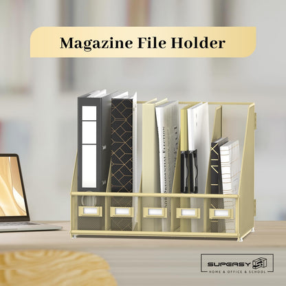 SUPEASY Desk Organizers Metal Desk Magazine File Holder with 5 Vertical Compartments Rack File Organizer for Office Desktop, Classroom, Home Workspace, Black