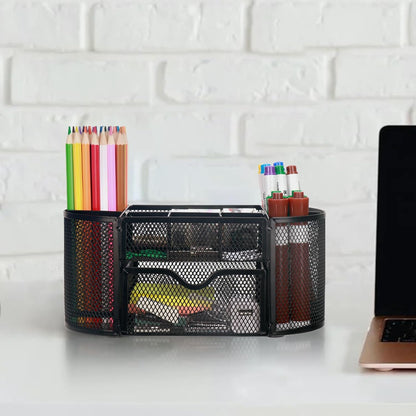 Comix Mesh Pen Pencil Holder Desk Organizer, 3 Compartment Wire Desktop Pen Pencil Cup Caddy Office Supplies Desk Accessories for Home Office School, Black