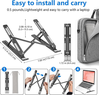 Laptop Stand for Desk, Aluminum Metal MacBook Stand，Computer Riser for Desk, Portable Foldable Adjustable Notebook Holder, Compatible with 10-15.6 Inch Laptops, iPad, Silver.