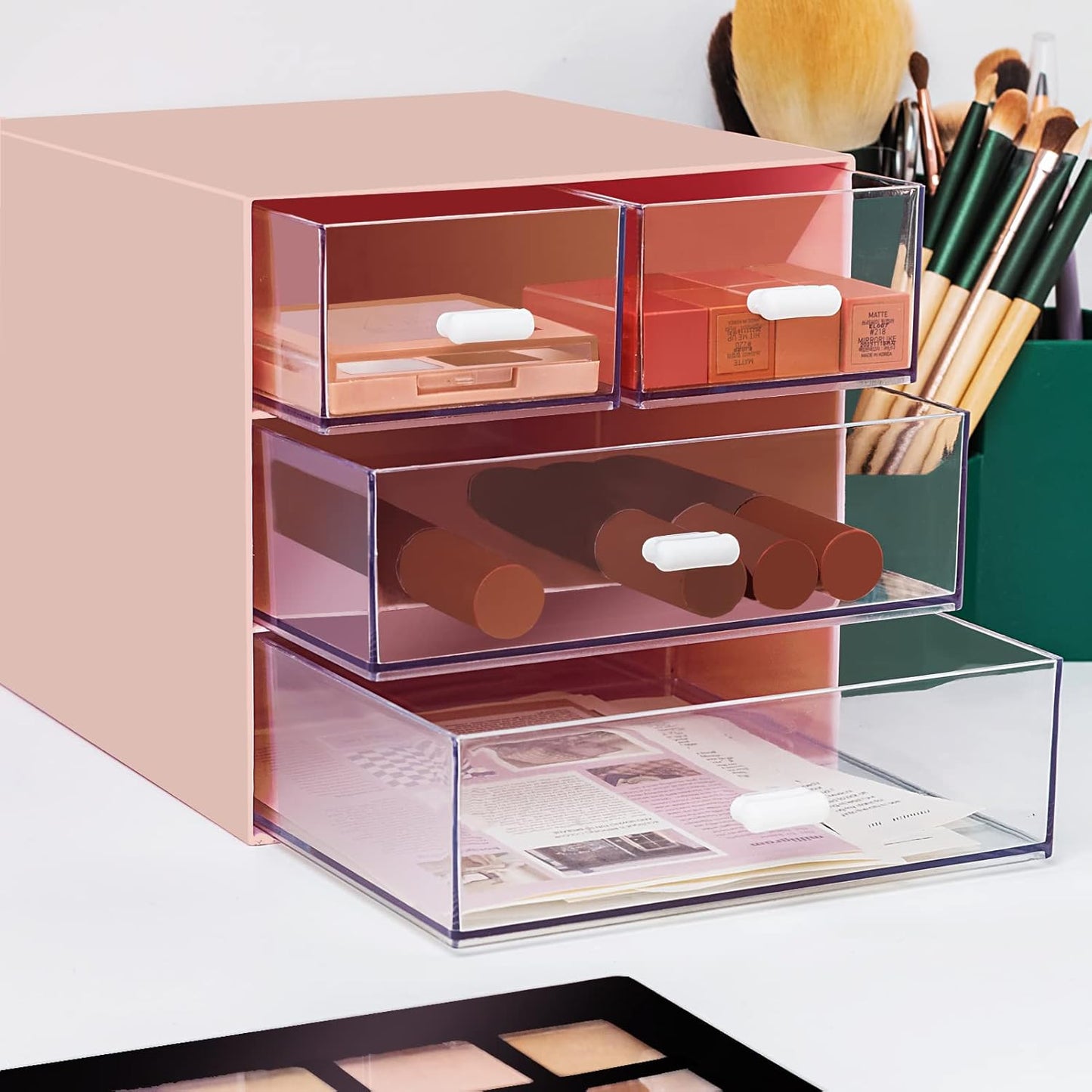 Desk Organizer with Drawer, Office Organizer with 4 Drawers, Desk Storage Box for, Desktop, Dressing table, Office, School, Home, Plastic Box and 4 Acrylic Drawers(White)